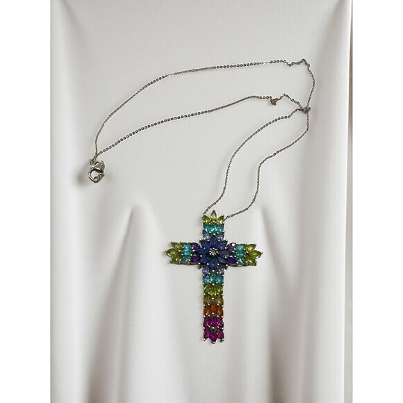D'Joy Sterling Silver Multi Gemstone Cross Pendant-20'' Italy Chain-Rainbow-Bold - Picture 9 of 10